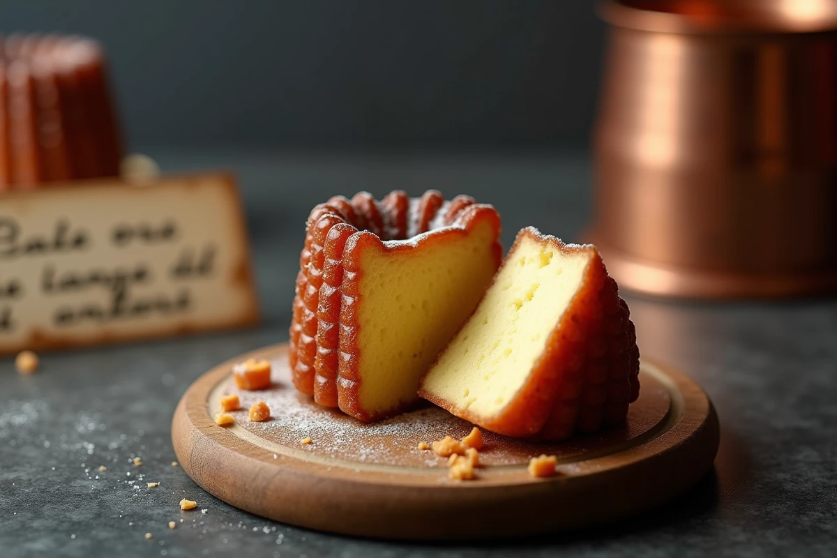 Canelé coupé en deux révélant l'intérieur alvéolé et moelleux à côté d'un moule en cuivre vintage, gros plan macro sur la texture et la croûte caramélisée