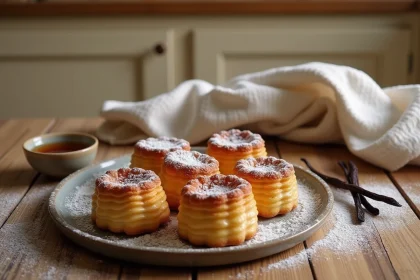 Canelés bordelais dorés et caramélisés posés sur une assiette en céramique rustique avec une gousse de vanille et du rhum, vue de dessus sur un plan de travail en bois
