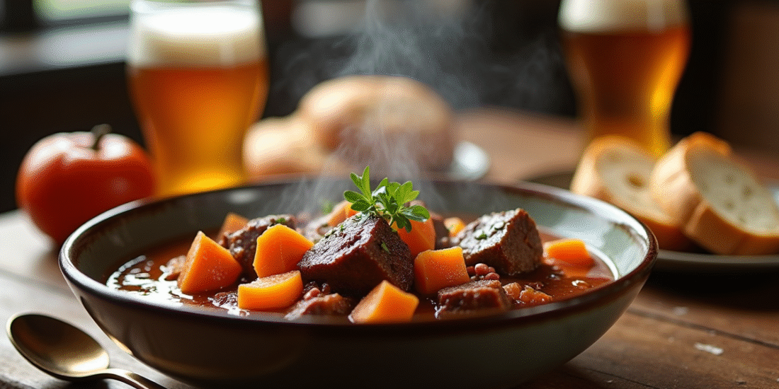 Bol de carbonade flamande fumante sur table en bois