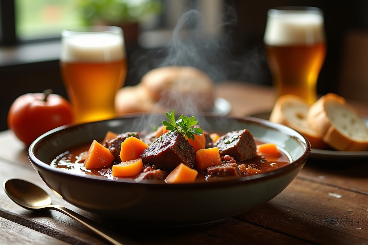 Bol de carbonade flamande fumante sur table en bois