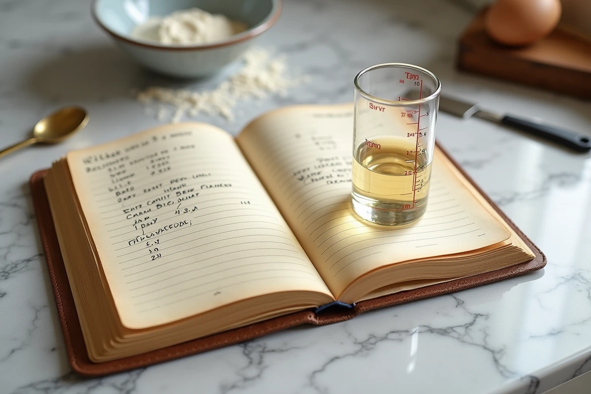 Carnet de recettes ouvert avec conversions manuscrites de ml en cl à côté d'un cylindre gradué en cuisine moderne