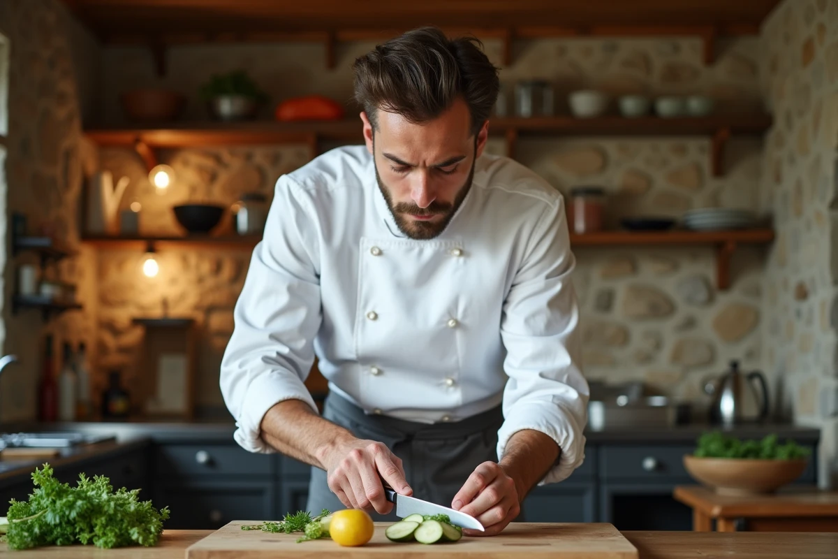 César Troisgros, chef du restaurant Le Bois sans feuilles à Ouches, préparant des légumes dans une cuisine rustique