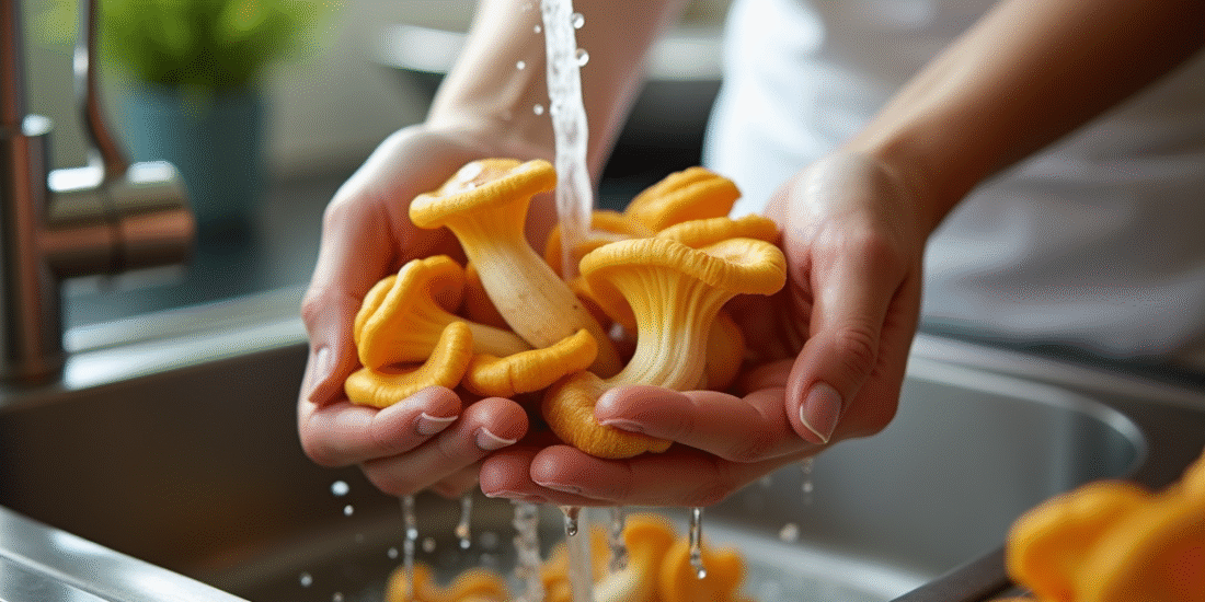 Champignons chanterelles fraîchement cueillis en train d'être nettoyés dans une cuisine lumineuse
