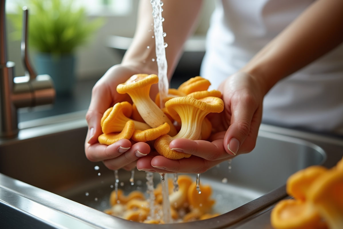 Champignons chanterelles fraîchement cueillis en train d'être nettoyés dans une cuisine lumineuse