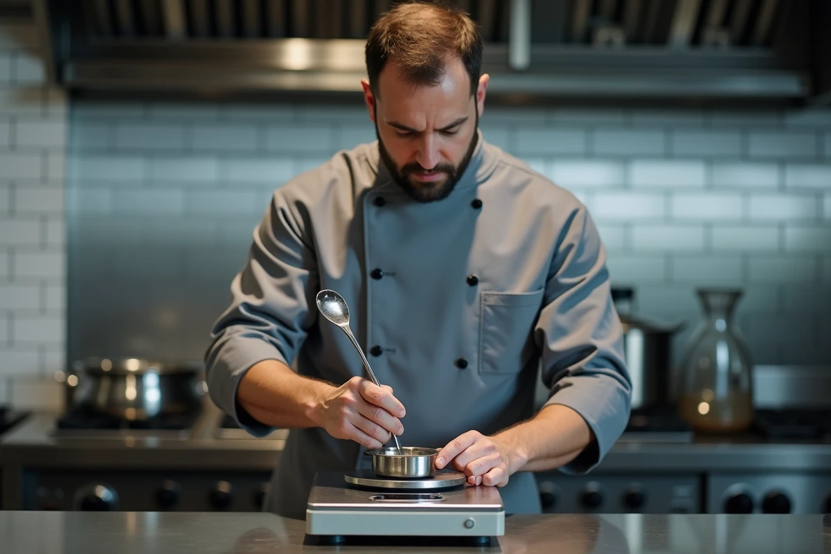 Chef cuisinier professionnel pesant un liquide sur une balance numérique en grammes dans une cuisine de restaurant