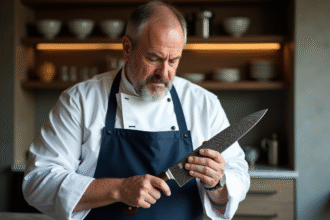 Chef professionnel avec un couteau damascus haut de gamme