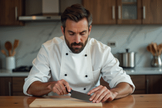Chef homme inspectant un couteau de cuisine dans une cuisine moderne