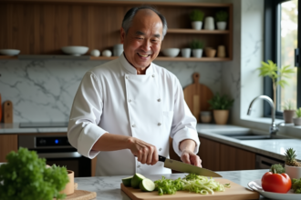 Chef asiatique en cuisine avec couteau nakiri et légumes verts