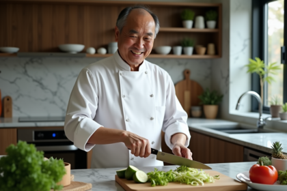 Chef asiatique en cuisine avec couteau nakiri et légumes verts