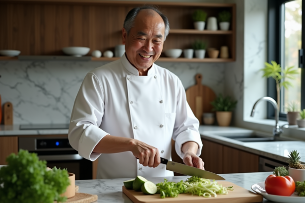 Chef asiatique en cuisine avec couteau nakiri et légumes verts