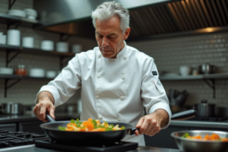 Chef professionnel en action dans une cuisine animée