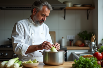 Chef français arrangeant des endives dans une cocotte en cuisine