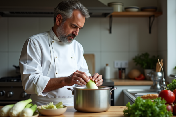 Chef français arrangeant des endives dans une cocotte en cuisine