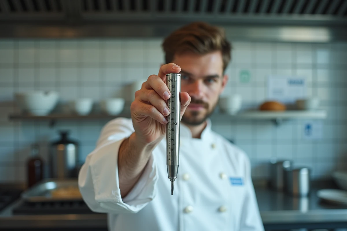 Chef pâtissier mesurant précisément 10 ml avec un outil de dosage dans une cuisine professionnelle