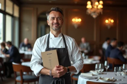 Chef en veste blanche tenant guide Michelin dans un restaurant élégant