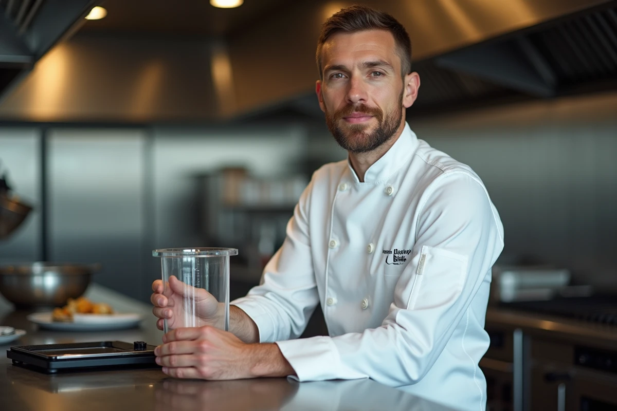 Chef pâtissier en veste blanche lisant les graduations d'un verre mesureur de 40cl dans une cuisine professionnelle avec une balance numérique