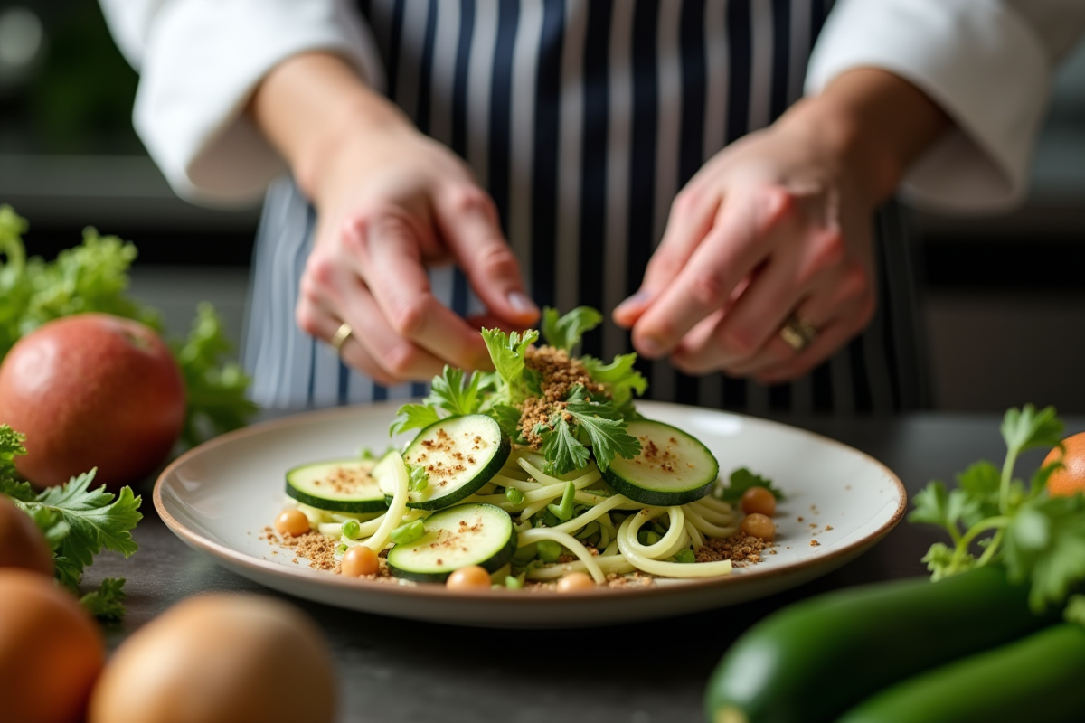 Chef préparant une salade avec zucchini et zapote dans une cuisine moderne