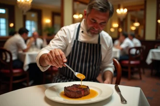 Chef français verse sauce sur entrecôte dans brasserie parisienne