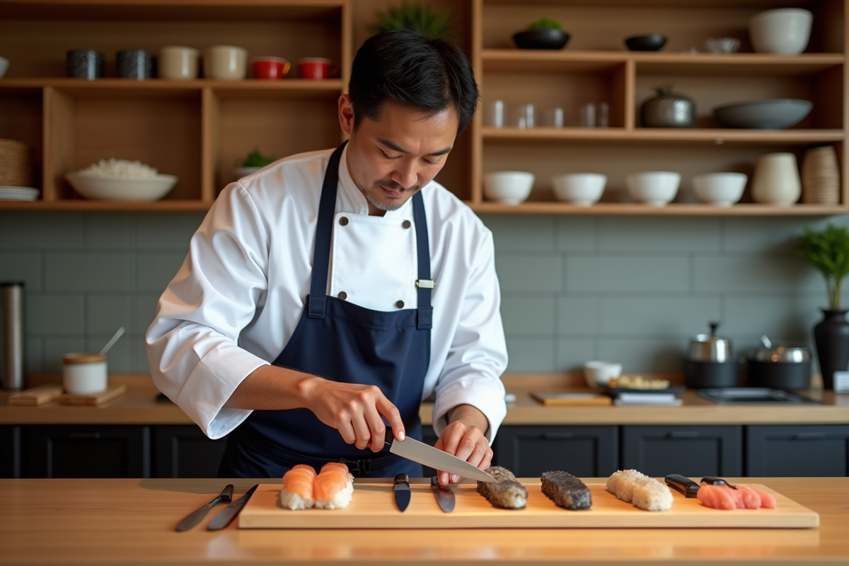 Chef sushi japonais choisissant un couteau dans un bar moderne