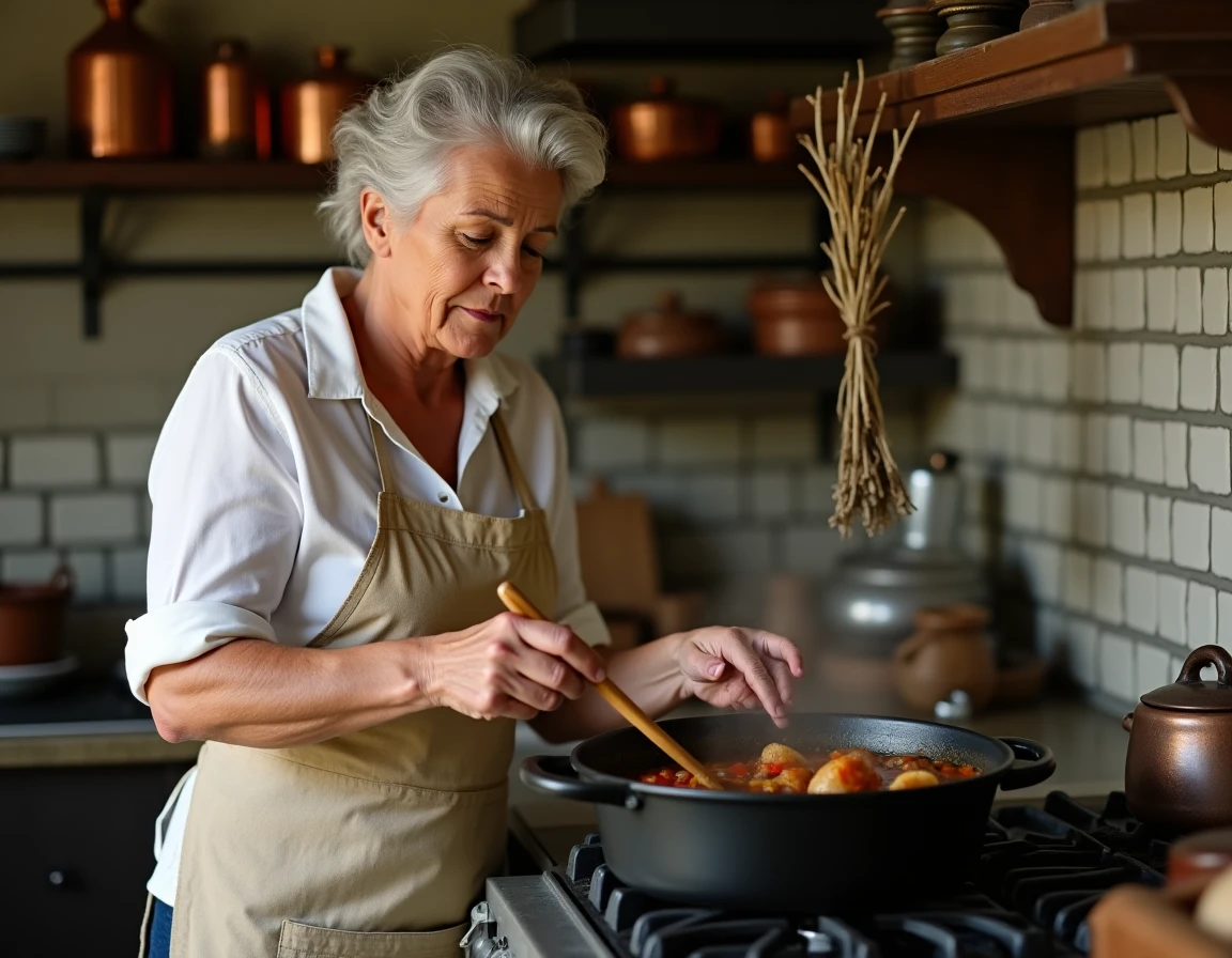 Cheffe cuisinière remuant un ragoût d'agneau dans une cocotte en fonte sur une cuisinière à gaz dans une cuisine de bistrot authentique