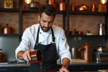 Chocolatier versant du chocolat noir tempéré dans un moule en marbre dans un atelier de luxe à Dubaï
