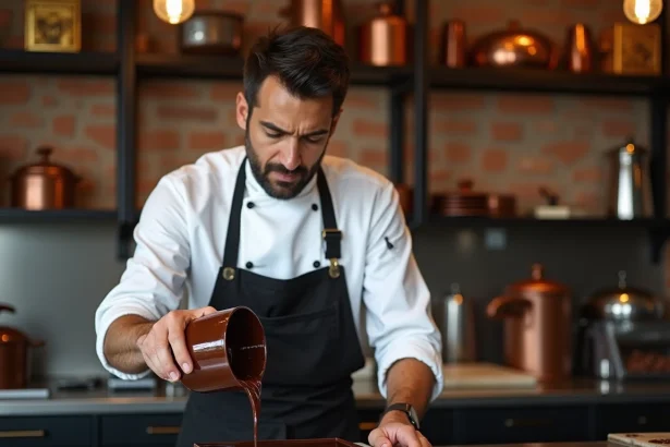 Chocolatier versant du chocolat noir tempéré dans un moule en marbre dans un atelier de luxe à Dubaï