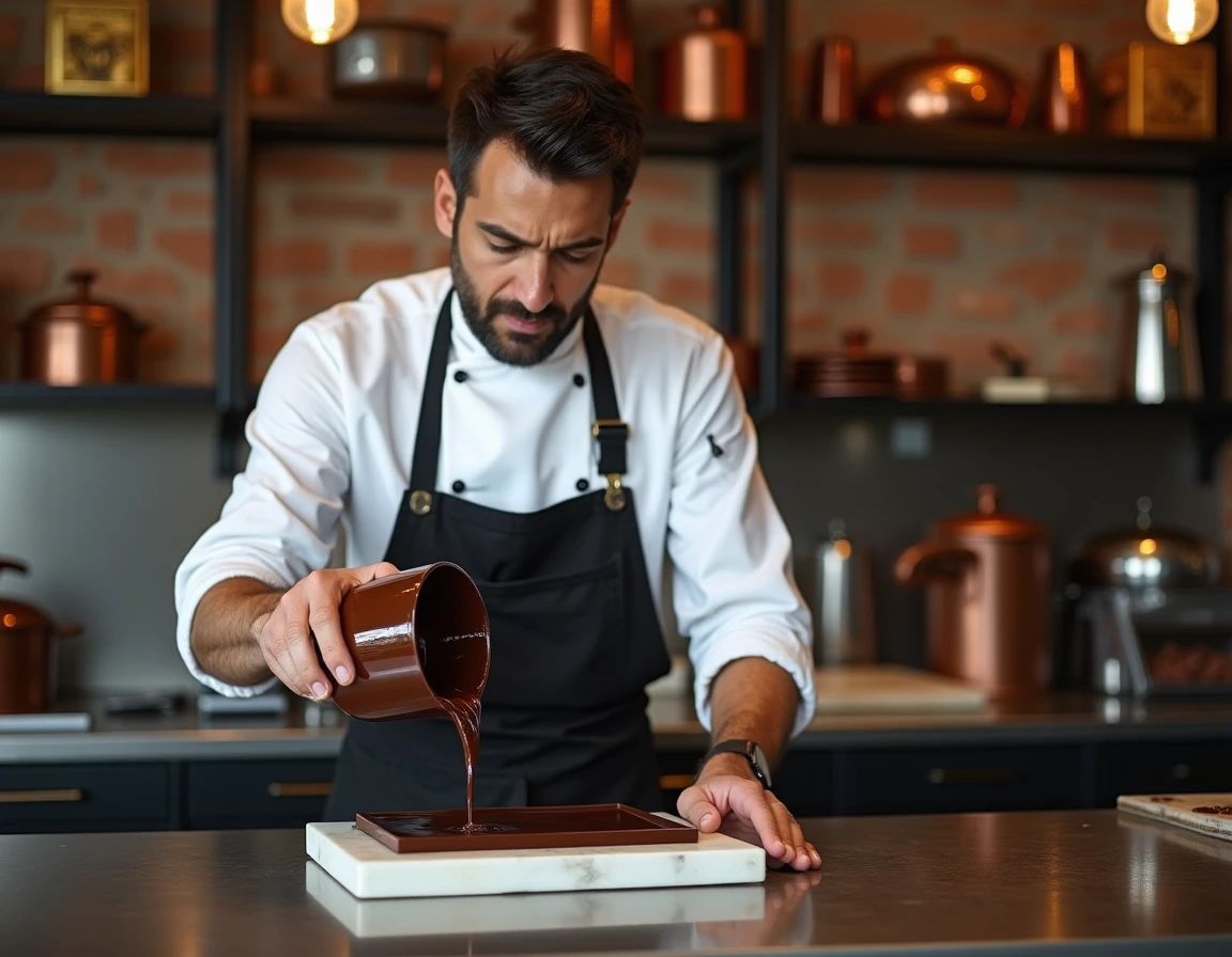 Chocolatier versant du chocolat noir tempéré dans un moule en marbre dans un atelier de luxe à Dubaï