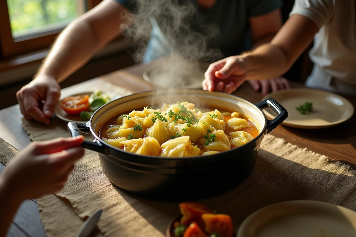 Cocotte de choux farcis entourée de mains en famille à table
