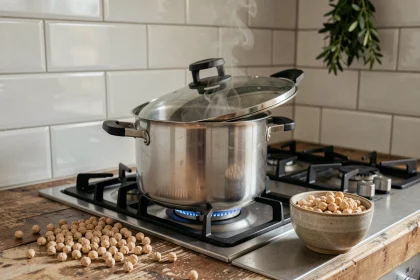 Cocotte-minute en inox sur gazinière avec pois chiches secs et trempés sur plan de travail en bois