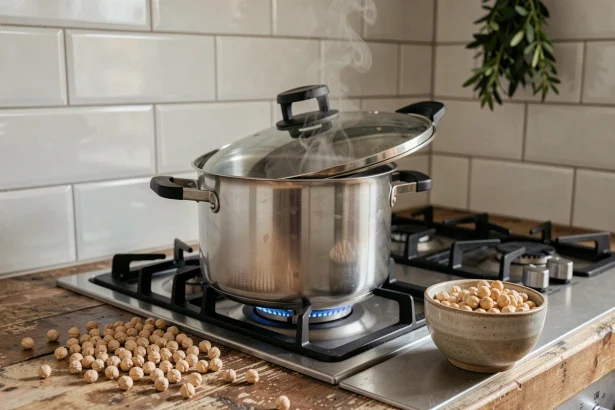 Cocotte-minute en inox sur gazinière avec pois chiches secs et trempés sur plan de travail en bois