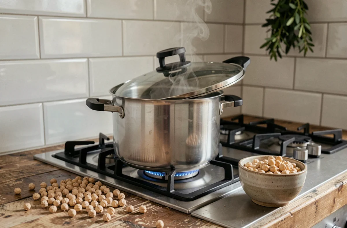 Cocotte-minute en inox sur gazinière avec pois chiches secs et trempés sur plan de travail en bois