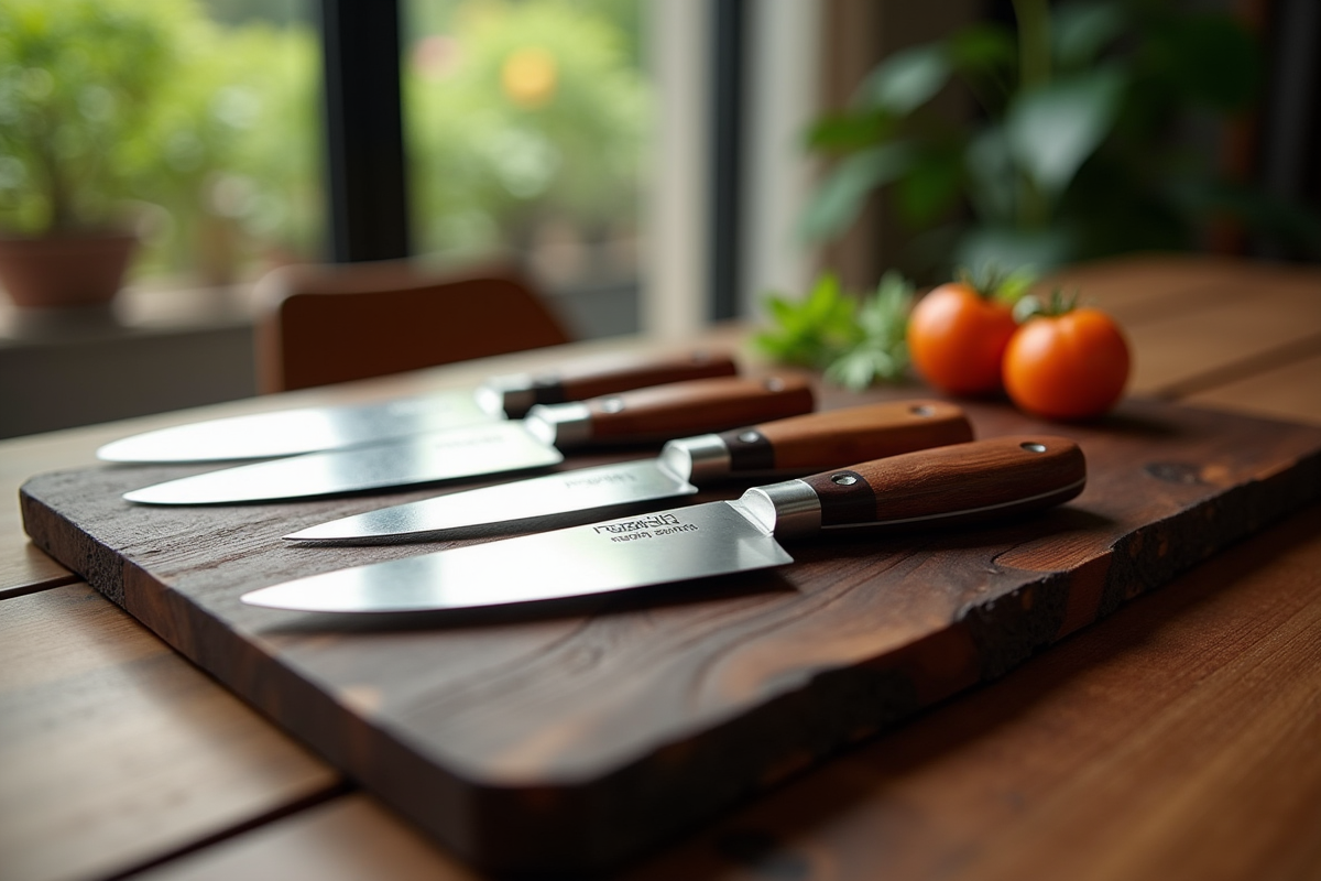 Collection de couteaux de cuisine en bois exotique sur planche