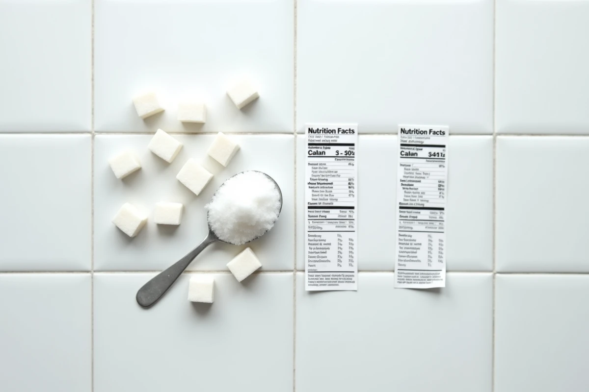 Vue à plat de morceaux de sucre, cuillère de sucre en poudre et étiquettes nutritionnelles comparées sur fond blanc