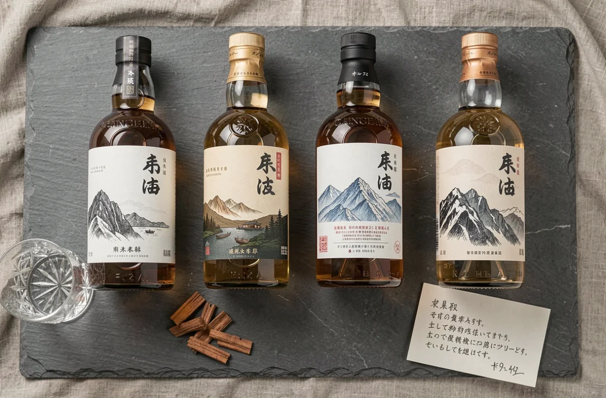 Vue de dessus de quatre bouteilles de whisky japonais sur une surface en ardoise avec un verre en cristal et des notes de dégustation