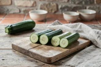 Concombre et courgette coupés en deux côte à côte sur une planche en bois rustique pour comparaison culinaire