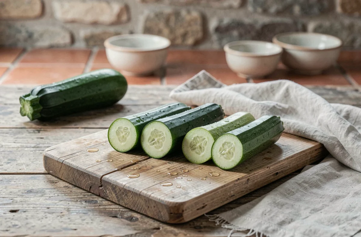 Concombre et courgette coupés en deux côte à côte sur une planche en bois rustique pour comparaison culinaire