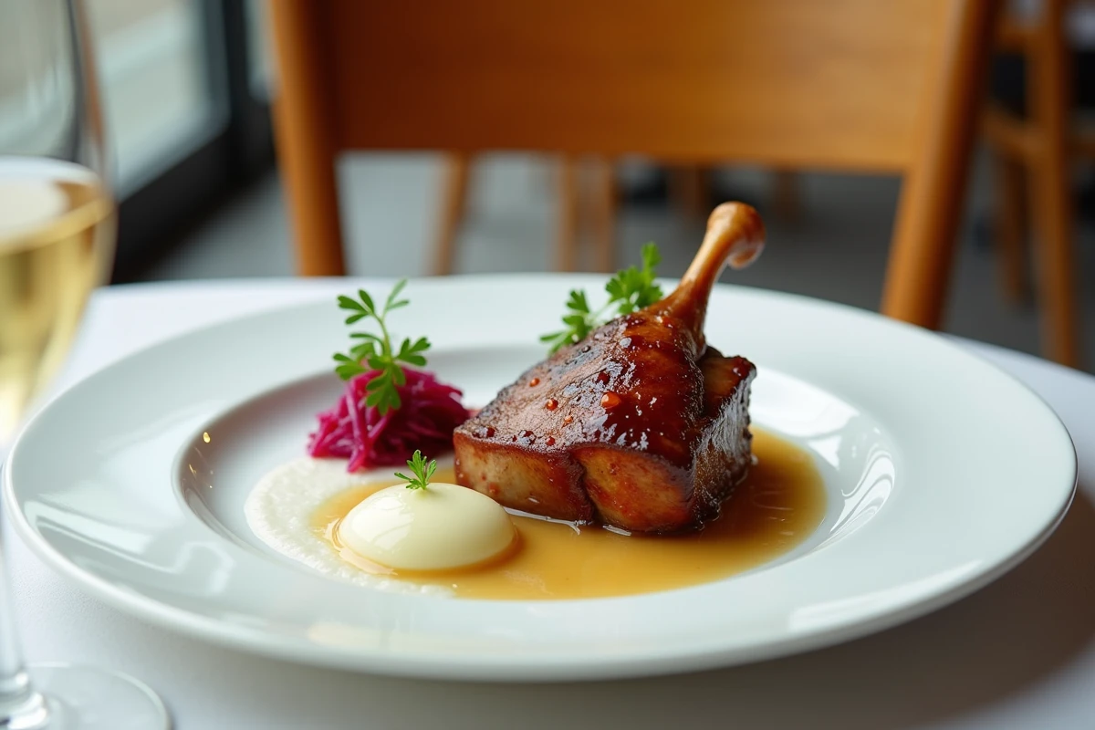 Gros plan d'un confit de canard dressé sur assiette blanche avec purée de céleri-rave et chou rouge mariné dans un bistrot