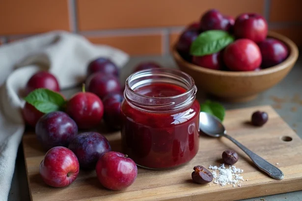 Bocal de confiture de prunes maison posé sur un comptoir en bois rustique entouré de prunes fraîches et de sucre