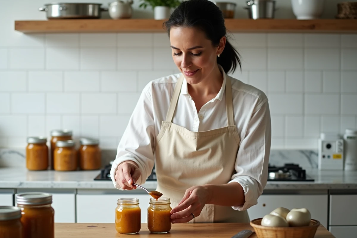 Femme versant de la sauce aux cèpes dans des bocaux en verre pour la conservation dans une cuisine moderne