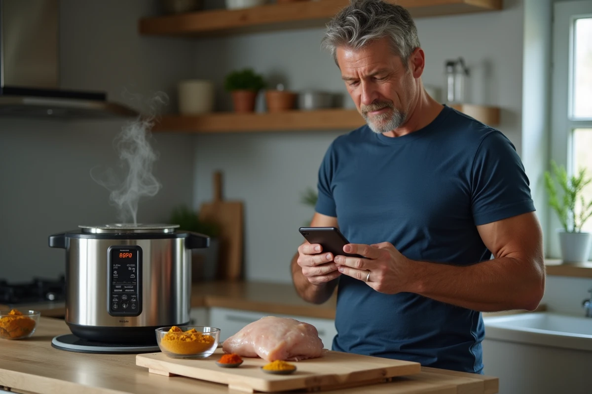 Homme pesant une cuisse de poulet crue pour contrôler les calories avant cuisson au Cookeo