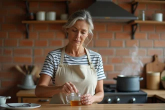 Femme en tablier mesurant 10 ml de liquide dans une cuillère à soupe dans une cuisine rustique