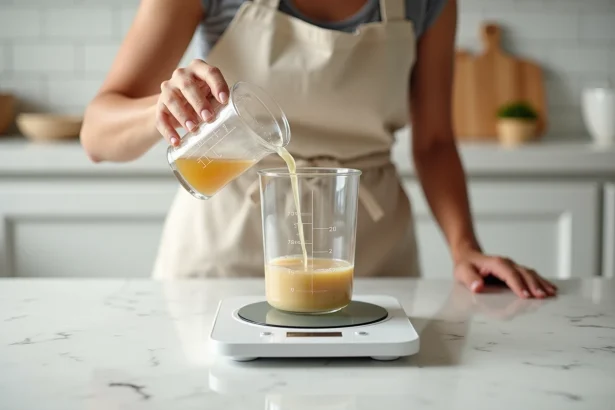 Femme versant un liquide d'un verre mesureur sur une balance de cuisine numérique pour convertir des centilitres en grammes