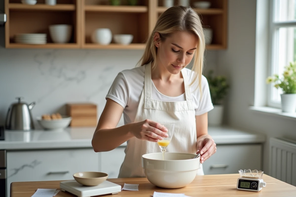 Femme en cuisine mesurant précisément un liquide dans un cylindre gradué posé sur une balance numérique affichant des grammes
