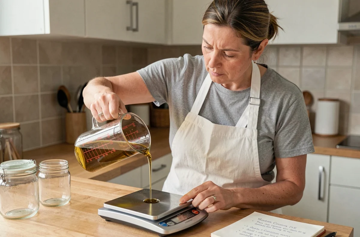 Femme versant de l'huile dans un verre doseur posé sur une balance de cuisine numérique pour convertir des kilogrammes en litres