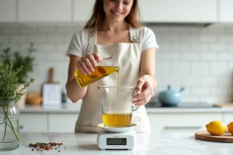 Femme versant de l'huile d'olive d'un pichet gradué sur une balance de cuisine pour convertir des litres en grammes