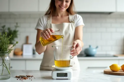 Femme versant de l'huile d'olive d'un pichet gradué sur une balance de cuisine pour convertir des litres en grammes