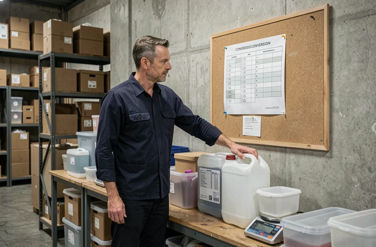 Homme en entrepôt consultant un tableau de conversion pour estimer le volume en litres à partir du poids en kilogrammes de liquides industriels