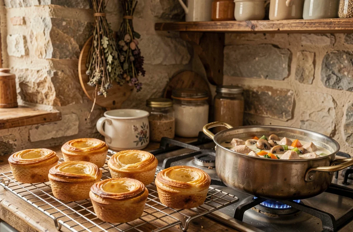 Coques de vol-au-vent dorées sur grille de refroidissement avec casserole de ragout crémeux sur cuisinière dans une cuisine rustique française