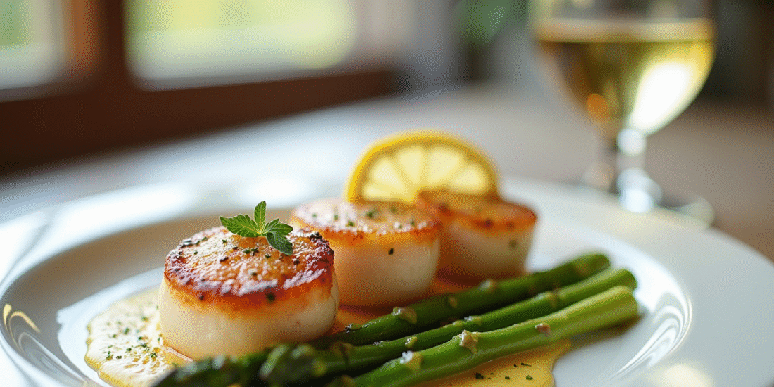 Coquilles seichees sur assiette blanche avec asperges et citron