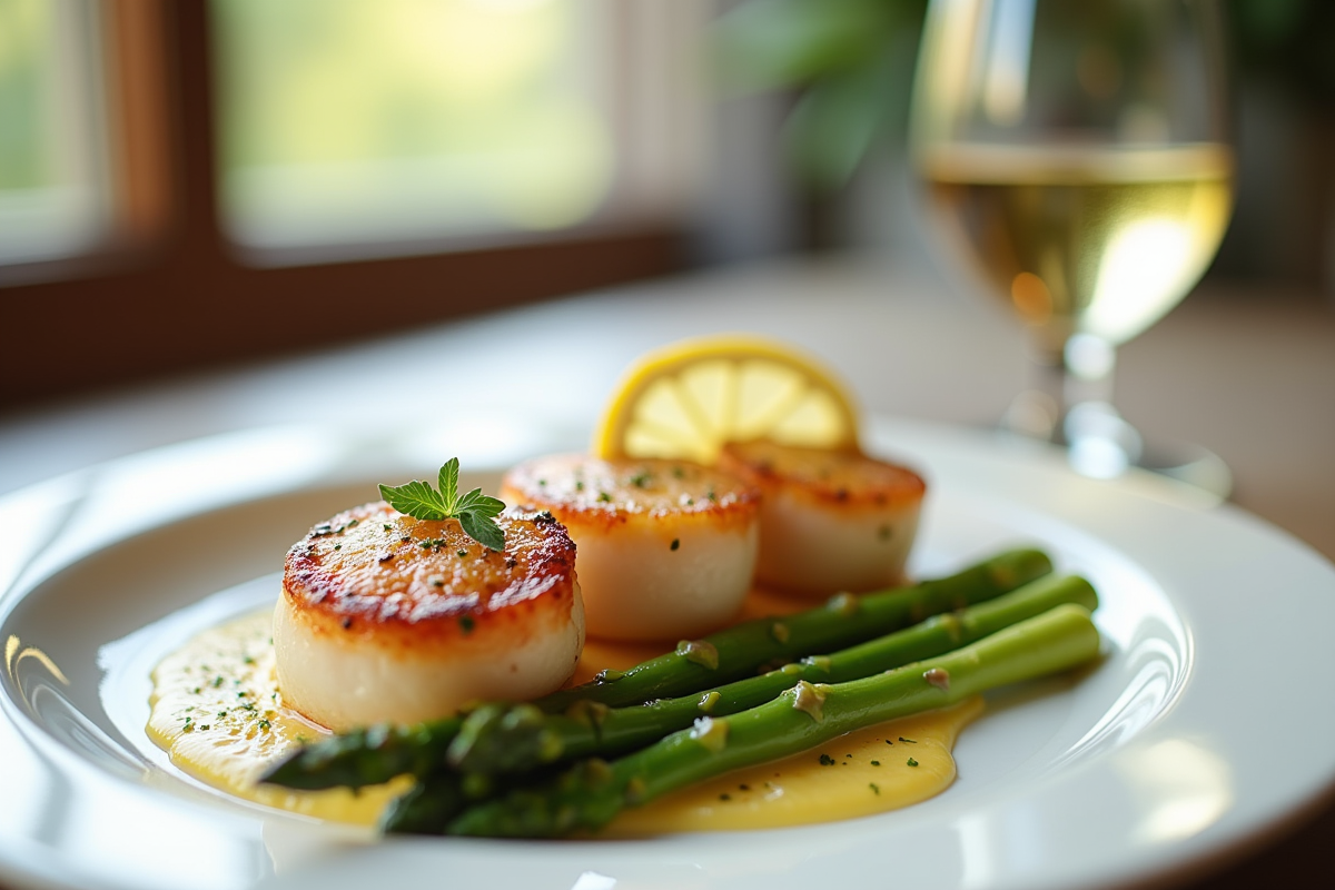 Coquilles seichees sur assiette blanche avec asperges et citron